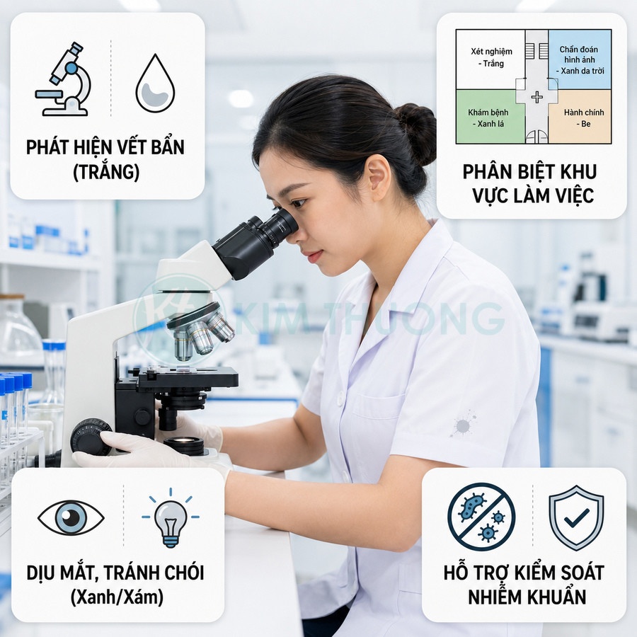 Nhân viên phòng thí nghiệm mặc áo blouse trắng làm việc với kính hiển vi, minh họa ưu điểm sơn tường bệnh viện