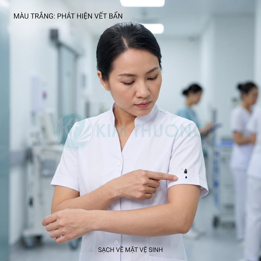 Nữ nhân viên y tế mặc áo blouse trắng chỉ vào vết bẩn nhỏ trên tay áo trong bệnh viện