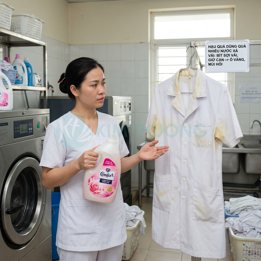 Nhân viên giặt là cầm nước xả vải Comfort bên cạnh áo blouse trắng bị ố vàng trong phòng giặt