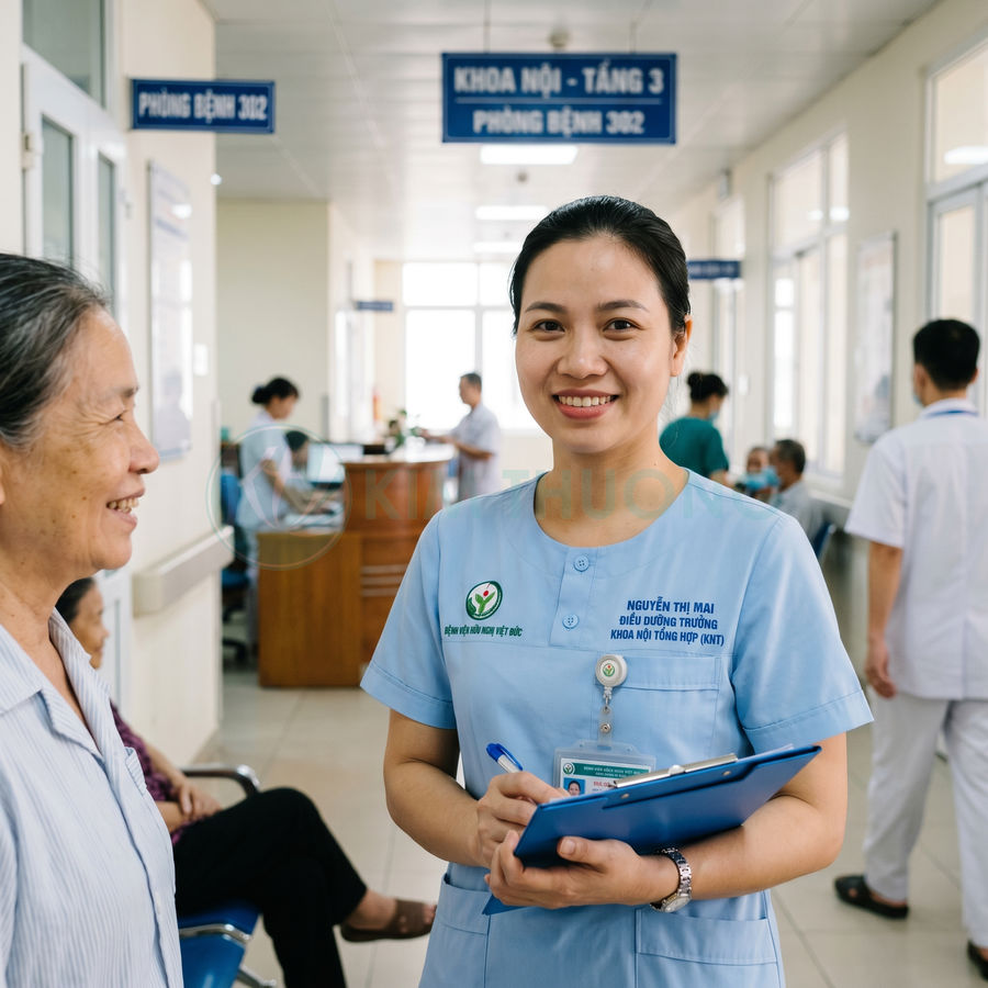 Nữ điều dưỡng bệnh viện cầm bảng hồ sơ y tế tư vấn cho bệnh nhân lớn tuổi tại hành lang khoa nội