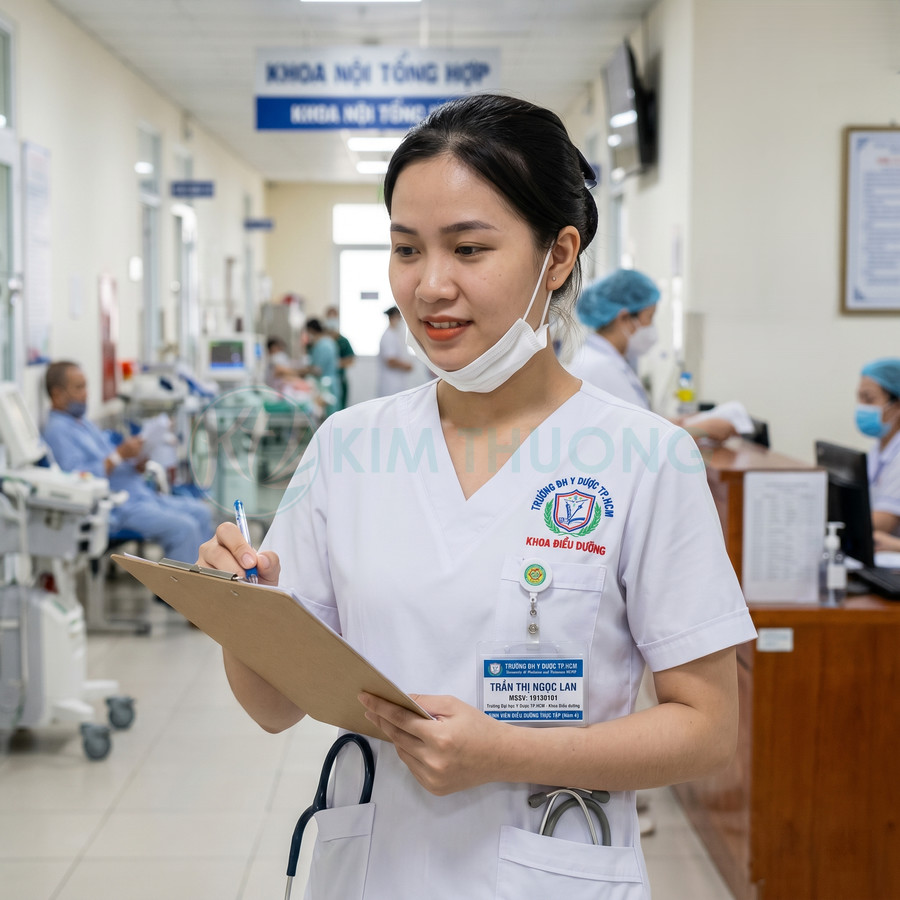 Nữ điều dưỡng mặc đồng phục trắng cầm bảng ghi chép trong khoa nội tổng hợp bệnh viện