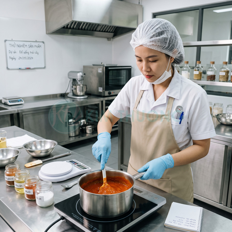 Nhân viên R&D thực phẩm đang khuấy nồi sốt trái cây trên bếp từ trong phòng thí nghiệm hiện đại