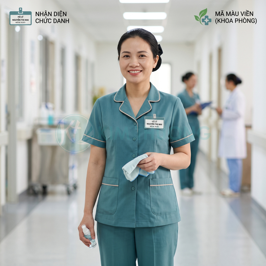 Nữ hộ lý mặc đồng phục bệnh viện màu xanh cầm khẩu trang và chai xịt khử khuẩn trong hành lang bệnh viện