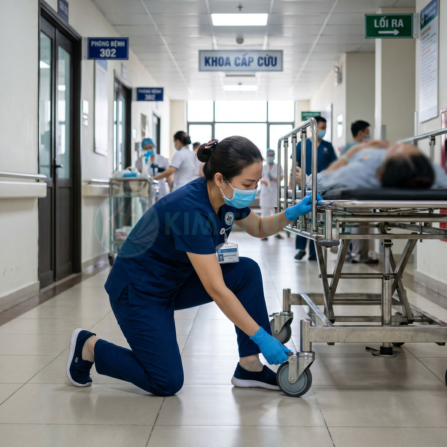 Điều dưỡng bệnh viện kiểm tra bánh xe giường cấp cứu trong hành lang khoa cấp cứu