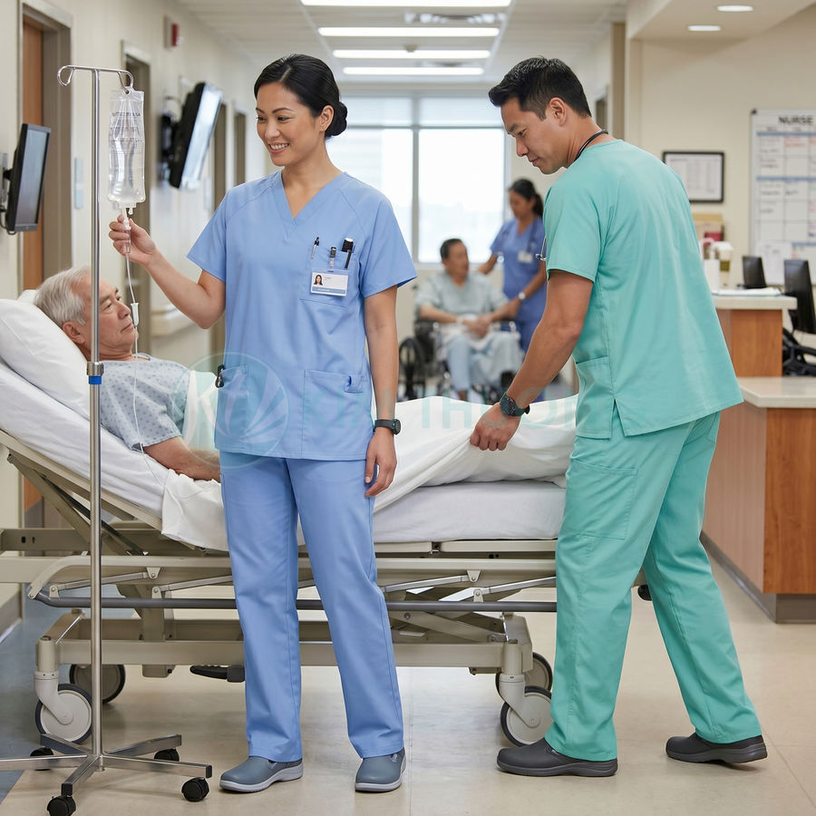 Điều dưỡng mặc đồng phục y tế chăm sóc bệnh nhân nằm trên giường bệnh trong phòng khám hiện đại