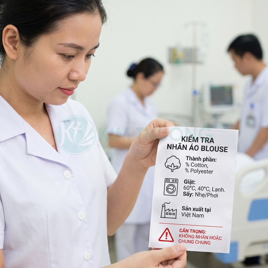 Nhân viên y tế kiểm tra nhãn áo blouse với thông tin thành phần, hướng dẫn giặt và nơi sản xuất Việt Nam