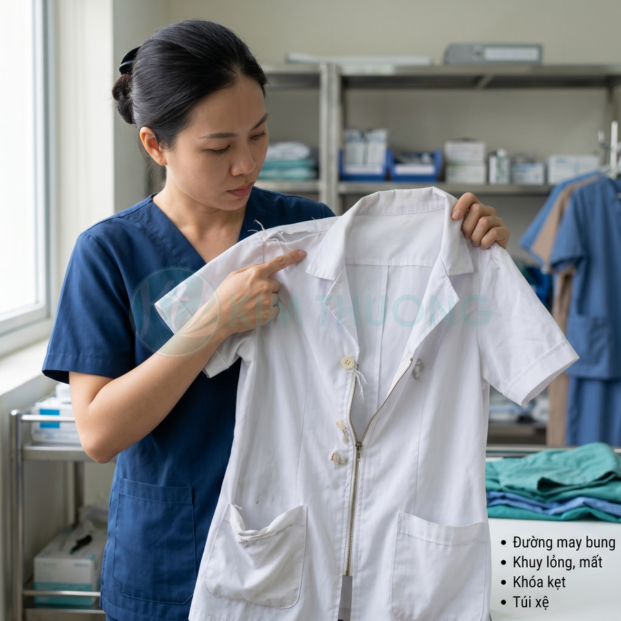 Điều dưỡng kiểm tra áo blouse trắng bị bung đường may, đứt khuy, khóa kéo hỏng và túi áo bị xệ