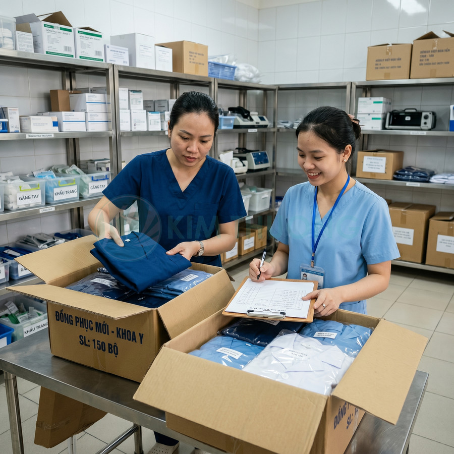 Nhân viên y tế kiểm tra và ghi chép số lượng đồng phục bệnh viện mới trong kho dụng cụ