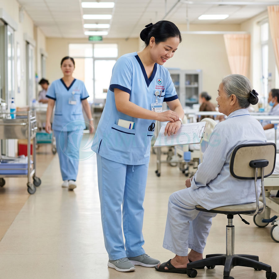 Điều dưỡng mặc đồng phục y tế màu xanh tư vấn và ghi chép thông tin cho bệnh nhân cao tuổi trong bệnh viện
