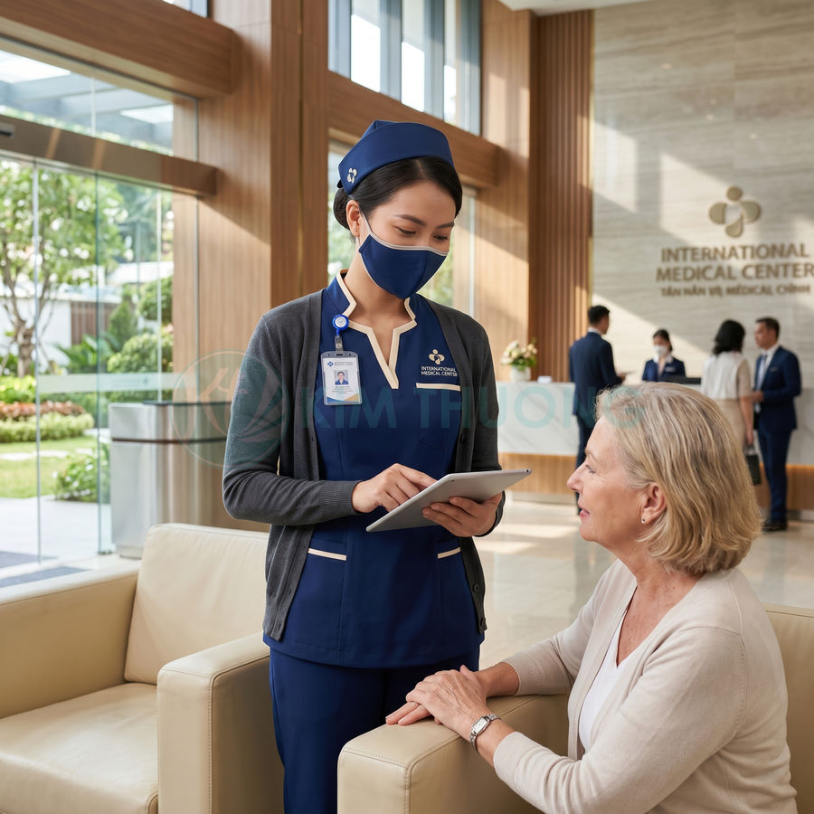 Nữ y tá trung tâm y tế quốc tế tư vấn cho bệnh nhân cao tuổi bằng máy tính bảng trong sảnh chờ hiện đại