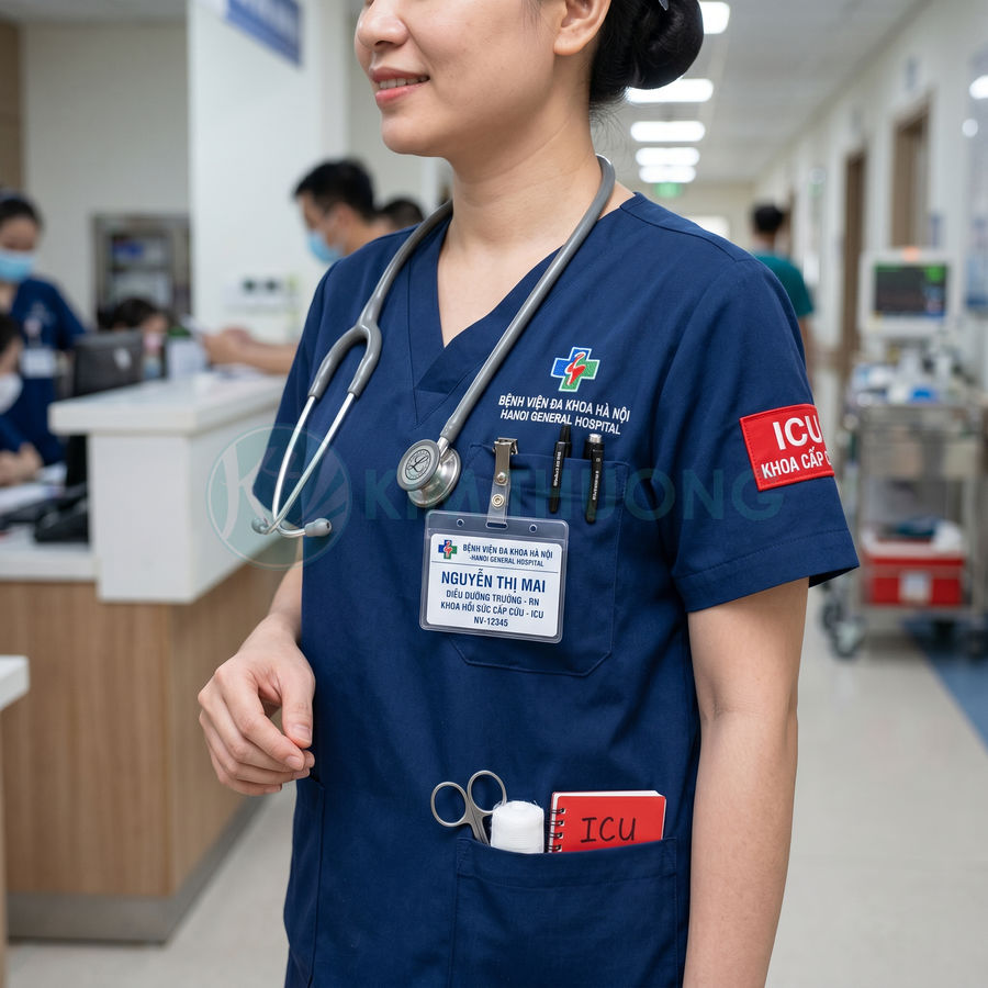 Điều dưỡng khoa ICU bệnh viện đa khoa mặc đồng phục xanh đeo ống nghe và bảng tên trong hành lang bệnh viện