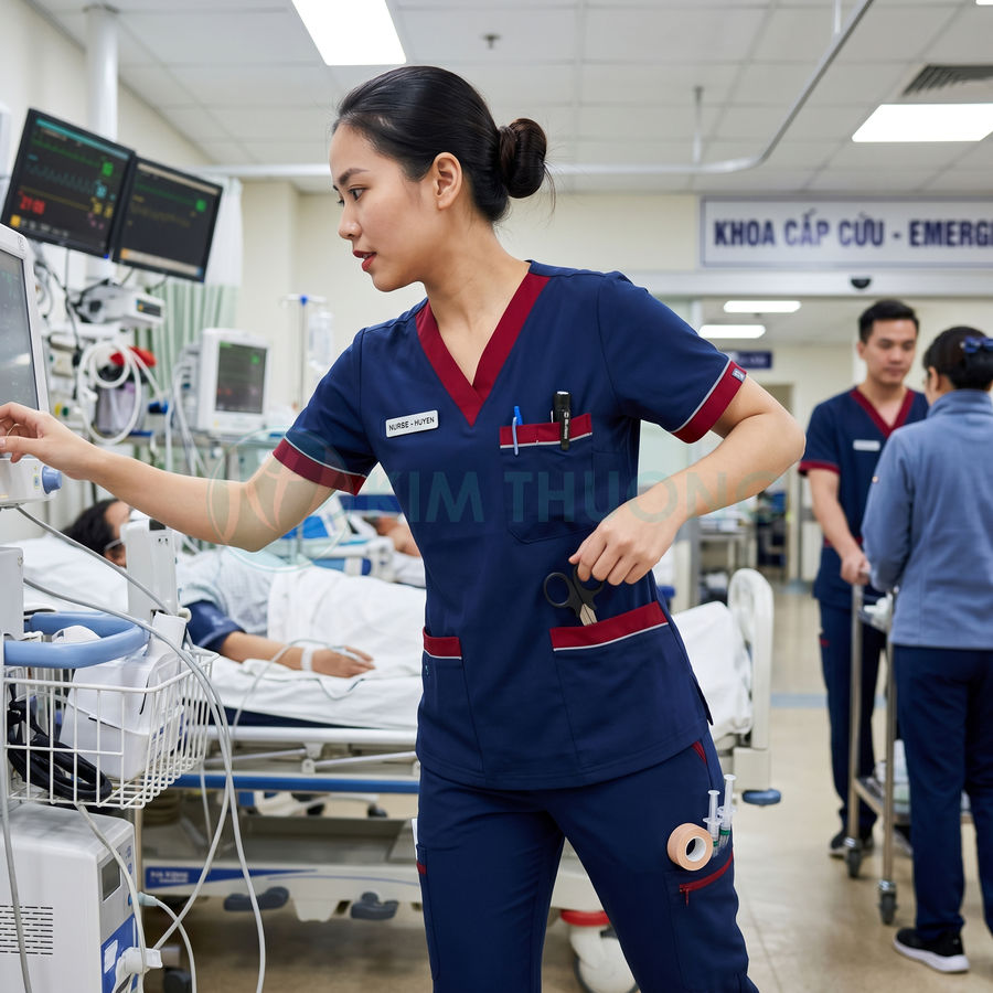 Điều dưỡng mặc đồng phục y tế xanh navy chăm sóc bệnh nhân tại khoa cấp cứu bệnh viện