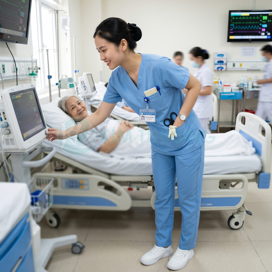 Điều dưỡng mặc đồng phục y tế xanh kiểm tra máy theo dõi bệnh nhân cạnh giường bệnh trong phòng hồi sức