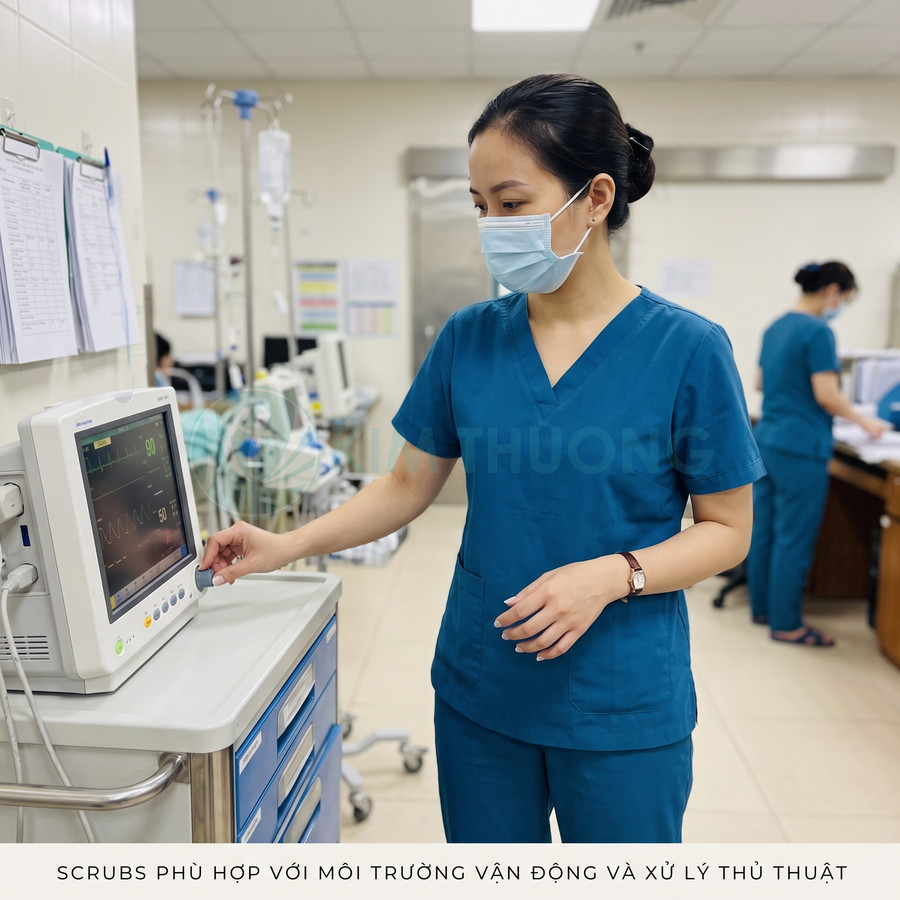 Điều dưỡng mặc đồng phục scrubs xanh kiểm tra máy theo dõi bệnh nhân trong phòng bệnh viện