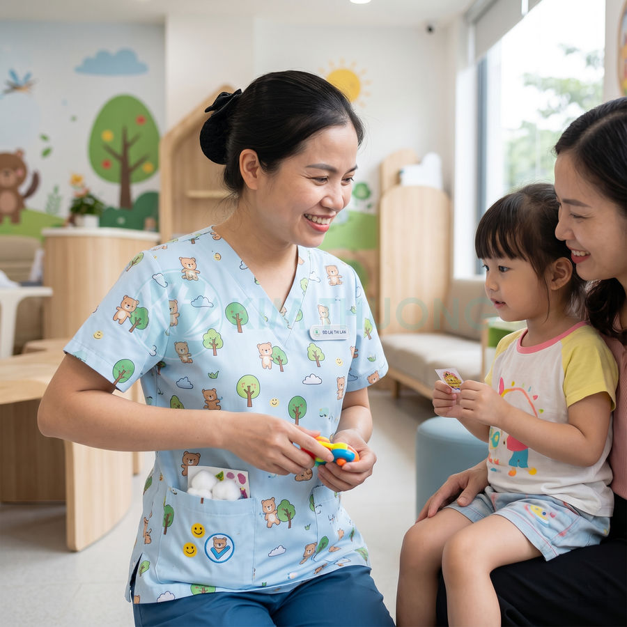 Y tá nhi khoa mặc đồng phục hoạt hình thân thiện đang chơi đồ chơi với bé gái trong phòng khám trẻ em