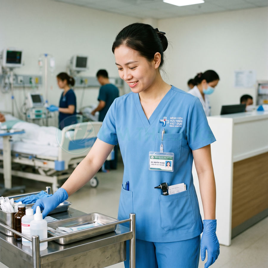 Nữ y tá bệnh viện Việt Đức mặc đồng phục xanh chuẩn bị dụng cụ y tế trên xe đẩy trong phòng bệnh