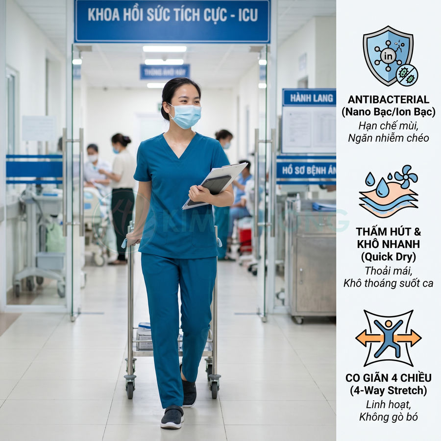 Đồng phục y tá màu xanh kháng khuẩn, thấm hút nhanh, co giãn 4 chiều cho nhân viên y tế ICU