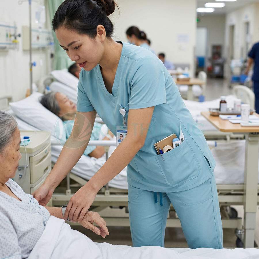 Điều dưỡng mặc đồng phục y tế chăm sóc bệnh nhân cao tuổi nằm trên giường bệnh trong phòng bệnh viện