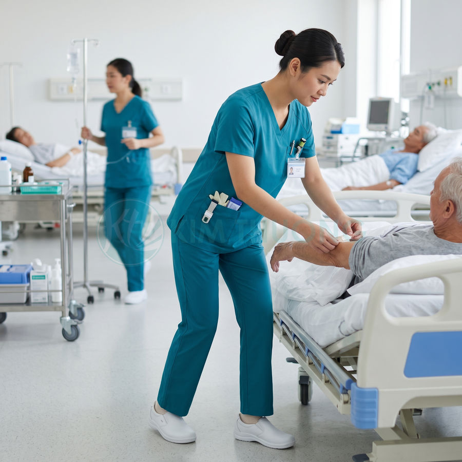 Điều dưỡng mặc đồng phục y tế màu xanh chăm sóc bệnh nhân nằm trên giường bệnh trong phòng bệnh viện