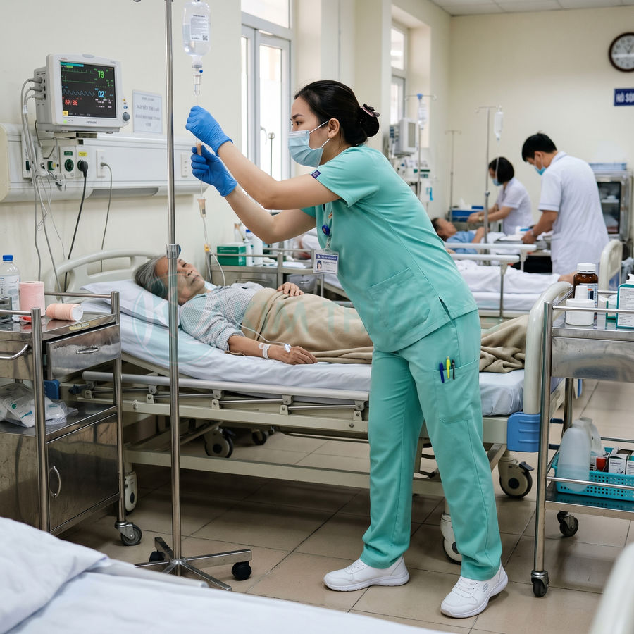 Điều dưỡng đeo khẩu trang điều chỉnh dây truyền dịch cho bệnh nhân nằm trên giường trong phòng bệnh viện