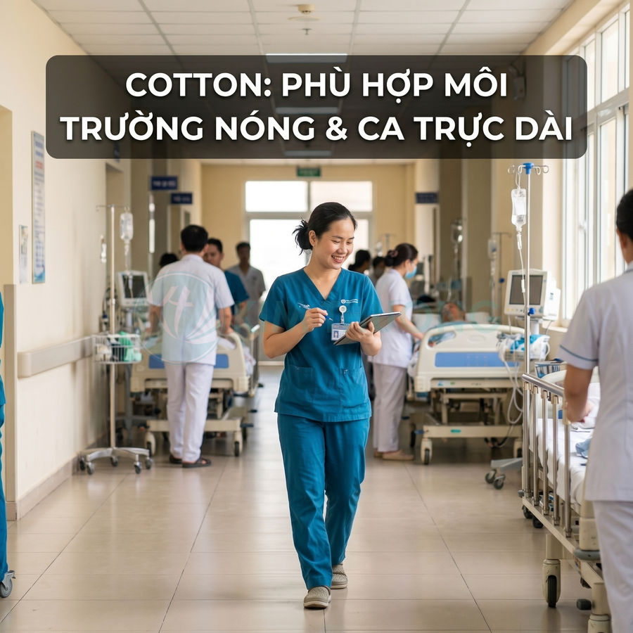 Điều dưỡng mặc đồng phục y tế cotton màu xanh dương làm việc trong hành lang bệnh viện đông bệnh nhân