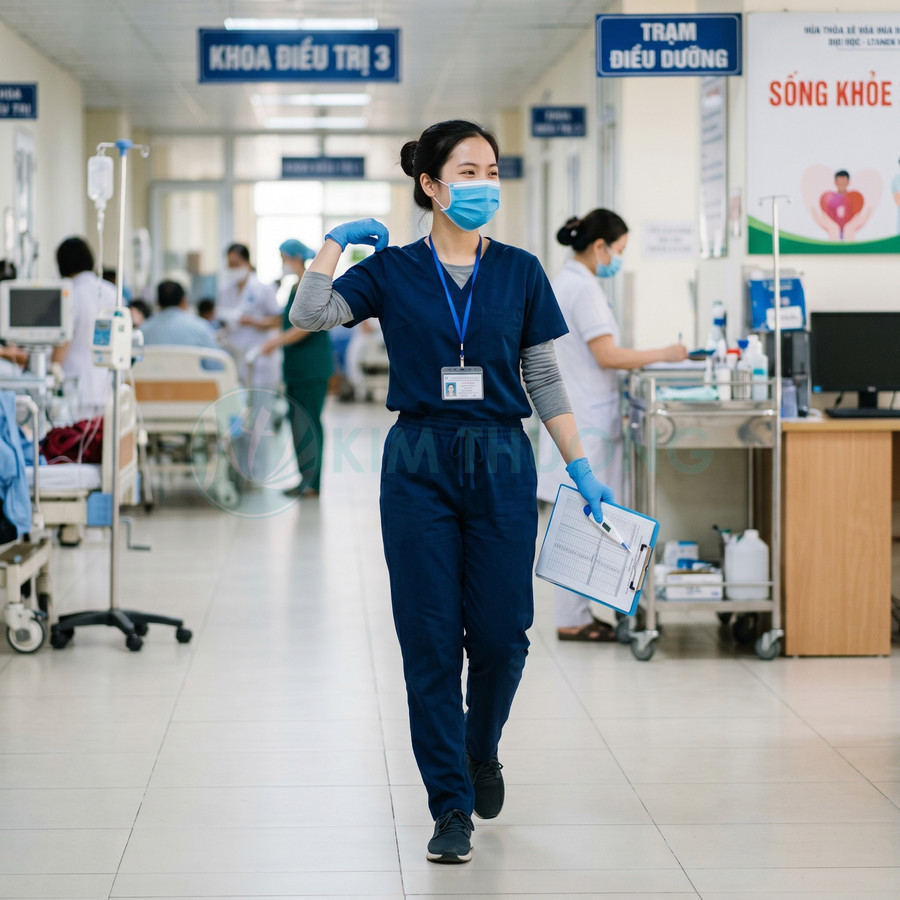 Nữ điều dưỡng mặc đồng phục xanh đeo khẩu trang găng tay cầm bảng hồ sơ đi trong hành lang bệnh viện