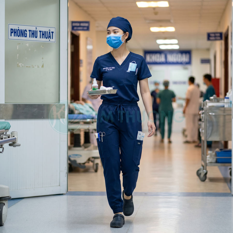 Bộ đồng phục y tá màu xanh navy đang làm việc trong hành lang bệnh viện