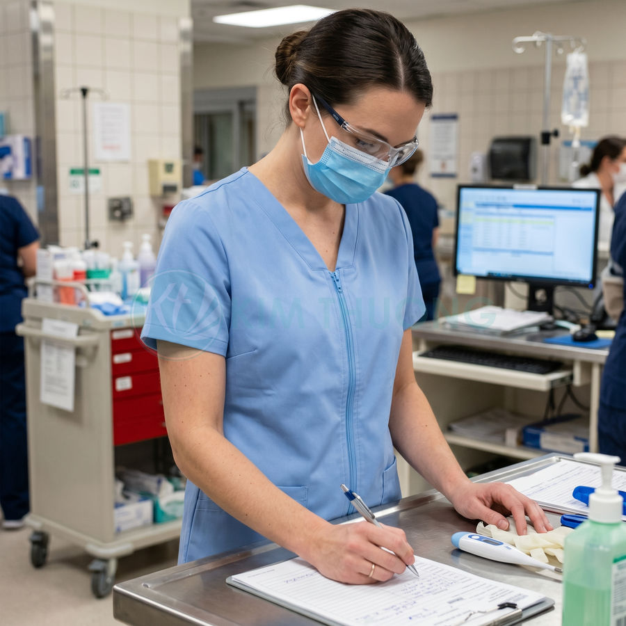 Nhân viên y tế mặc đồ bảo hộ và khẩu trang ghi chép hồ sơ bệnh án trong phòng khám hiện đại