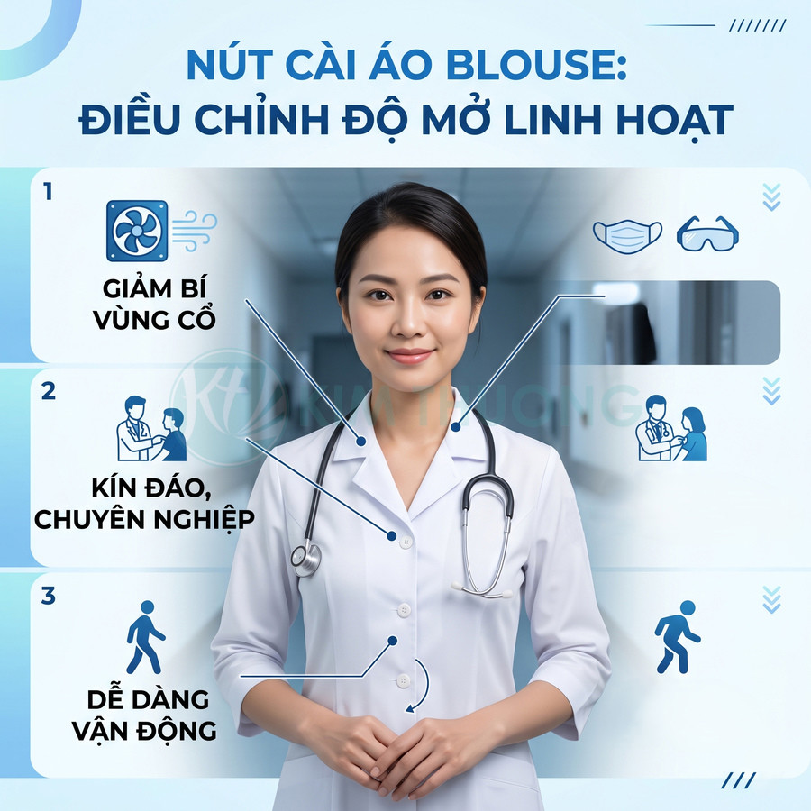 Bác sĩ nữ mặc áo blouse trắng có nút cài điều chỉnh độ mở cổ, đeo ống nghe trong hành lang bệnh viện