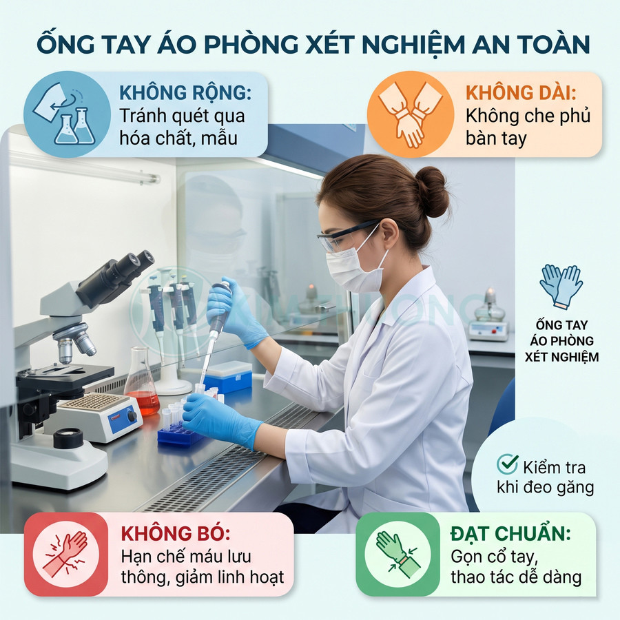 Kỹ thuật viên phòng thí nghiệm mặc áo blouse tay vừa vặn, đeo găng tay và khẩu trang thao tác với ống nghiệm