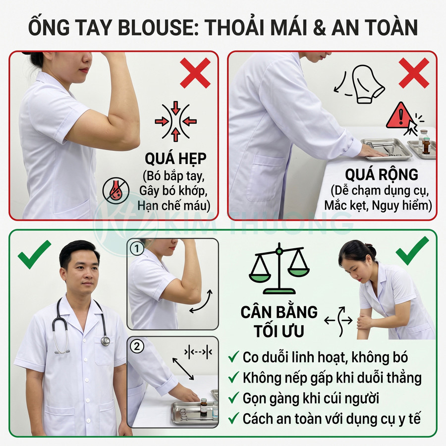 Hướng dẫn chọn ống tay áo blouse y tế vừa vặn, co duỗi linh hoạt, an toàn khi thao tác dụng cụ
