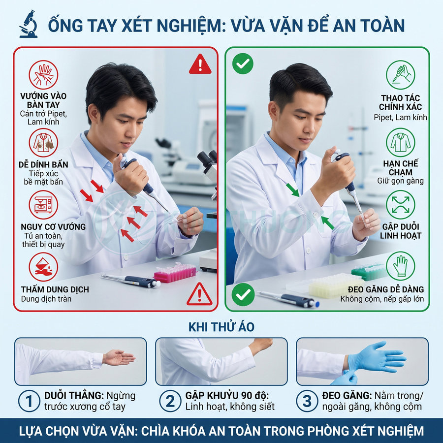 Ống tay áo xét nghiệm vừa vặn giúp thao tác pipet chính xác và đeo găng dễ dàng trong phòng thí nghiệm