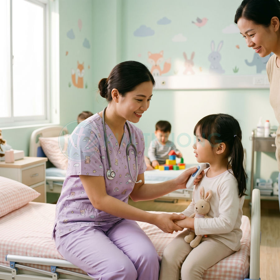 Y tá nhi khoa dùng nhiệt kế điện tử đo thân nhiệt cho bé gái trong phòng bệnh nhi nhiều màu sắc