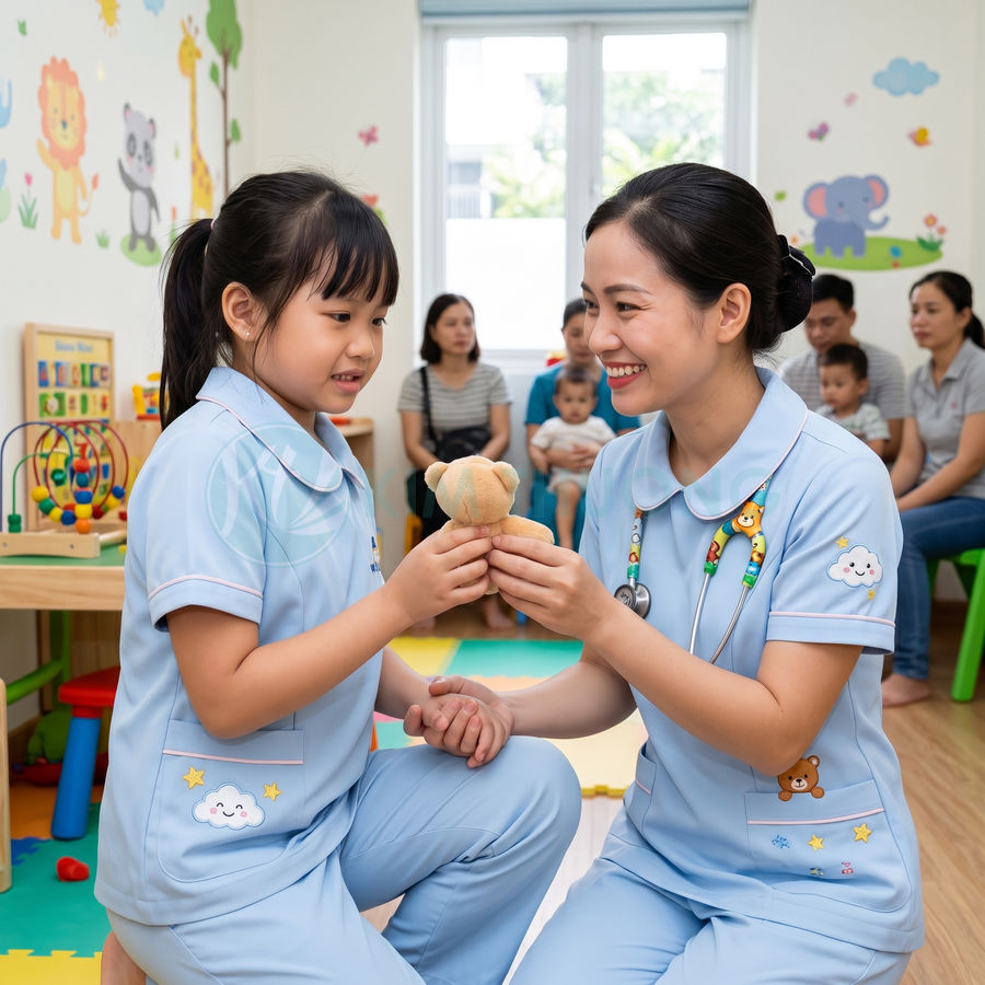 Y tá nhi khoa trao thú bông cho bé gái trong phòng khám nhi đầy đồ chơi và tranh dán tường