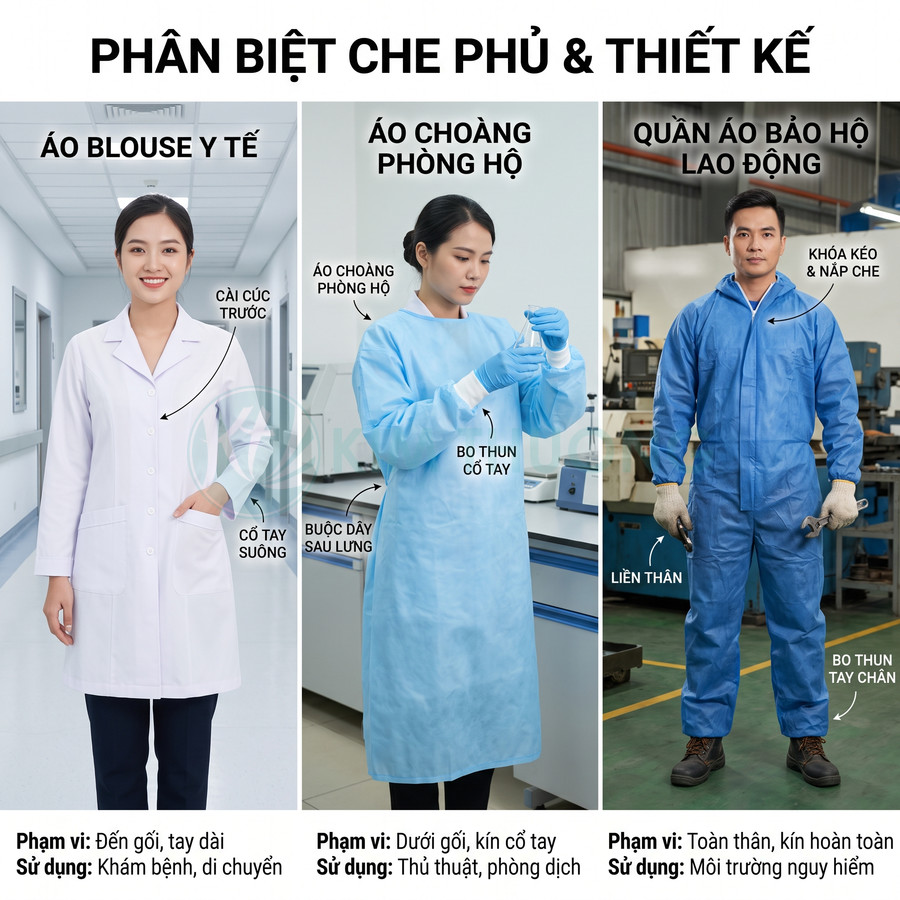 So sánh áo blouse y tế, áo choàng phòng hộ và quần áo bảo hộ lao động trên người mẫu trong môi trường làm việc