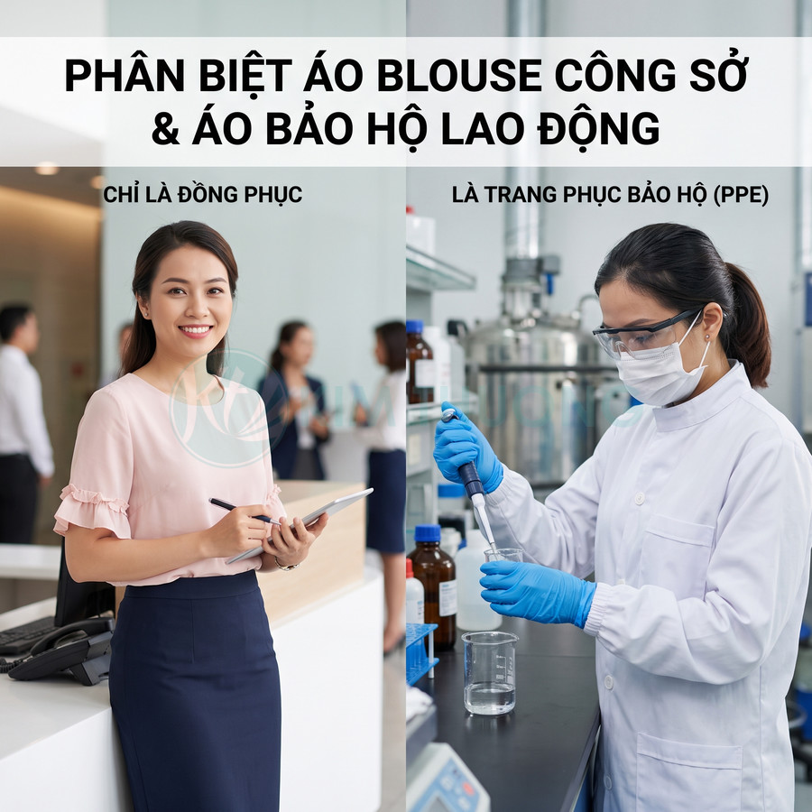 So sánh áo blouse công sở với áo blouse bảo hộ phòng thí nghiệm PPE của nữ nhân viên
