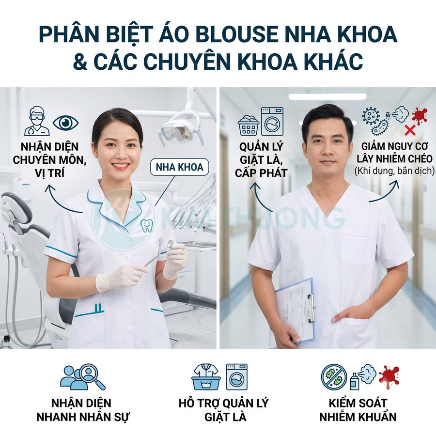 Áo blouse nha khoa và áo blouse y khoa trắng cho bác sĩ, hỗ trợ nhận diện chuyên môn và kiểm soát nhiễm khuẩn