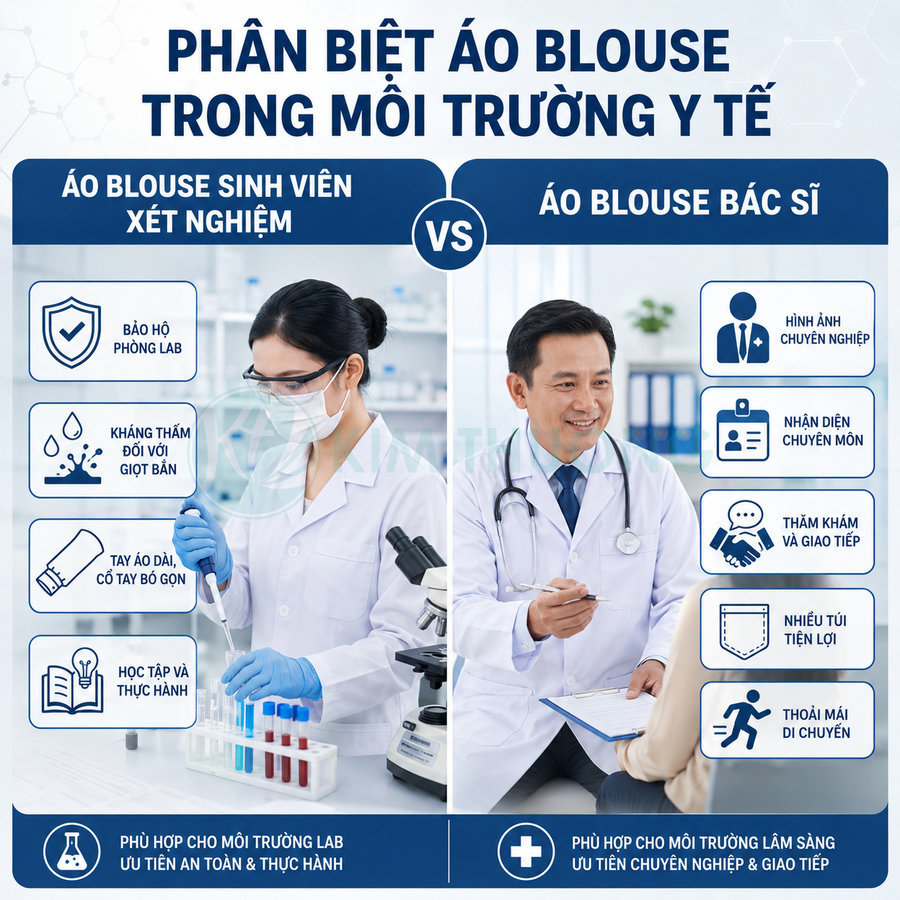 So sánh áo blouse sinh viên xét nghiệm và áo blouse bác sĩ trong môi trường y tế