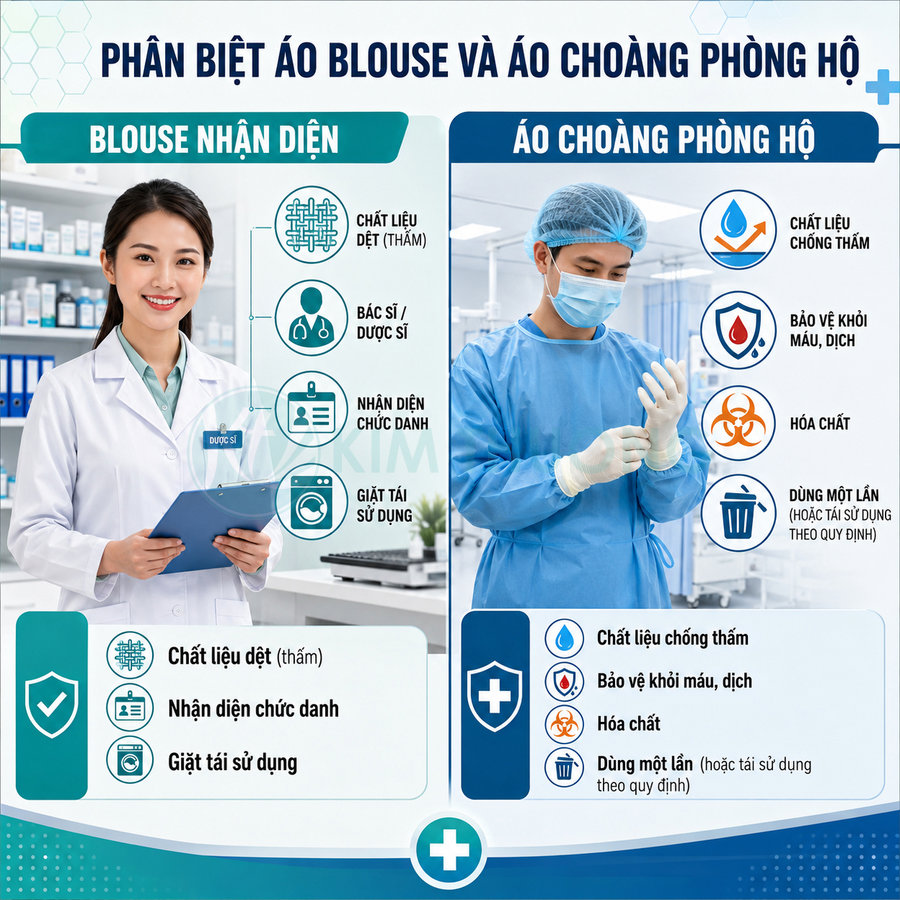 So sánh áo blouse trắng bác sĩ và áo choàng phòng hộ xanh trong môi trường y tế