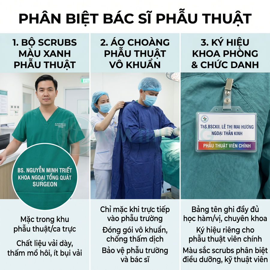 Bác sĩ phẫu thuật mặc scrubs xanh, khoác áo choàng phẫu thuật vô khuẩn và đeo bảng tên ghi rõ chức danh