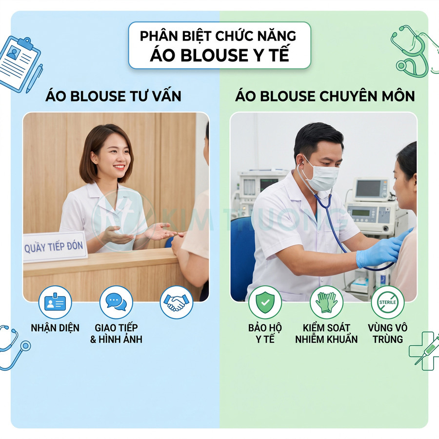 So sánh áo blouse tư vấn và áo blouse chuyên môn trong môi trường y tế, nhân viên đang tư vấn và khám bệnh