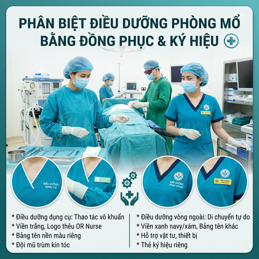 Điều dưỡng phòng mổ mặc đồng phục y tế xanh, phân biệt bằng viền cổ áo và bảng tên khi hỗ trợ ca phẫu thuật