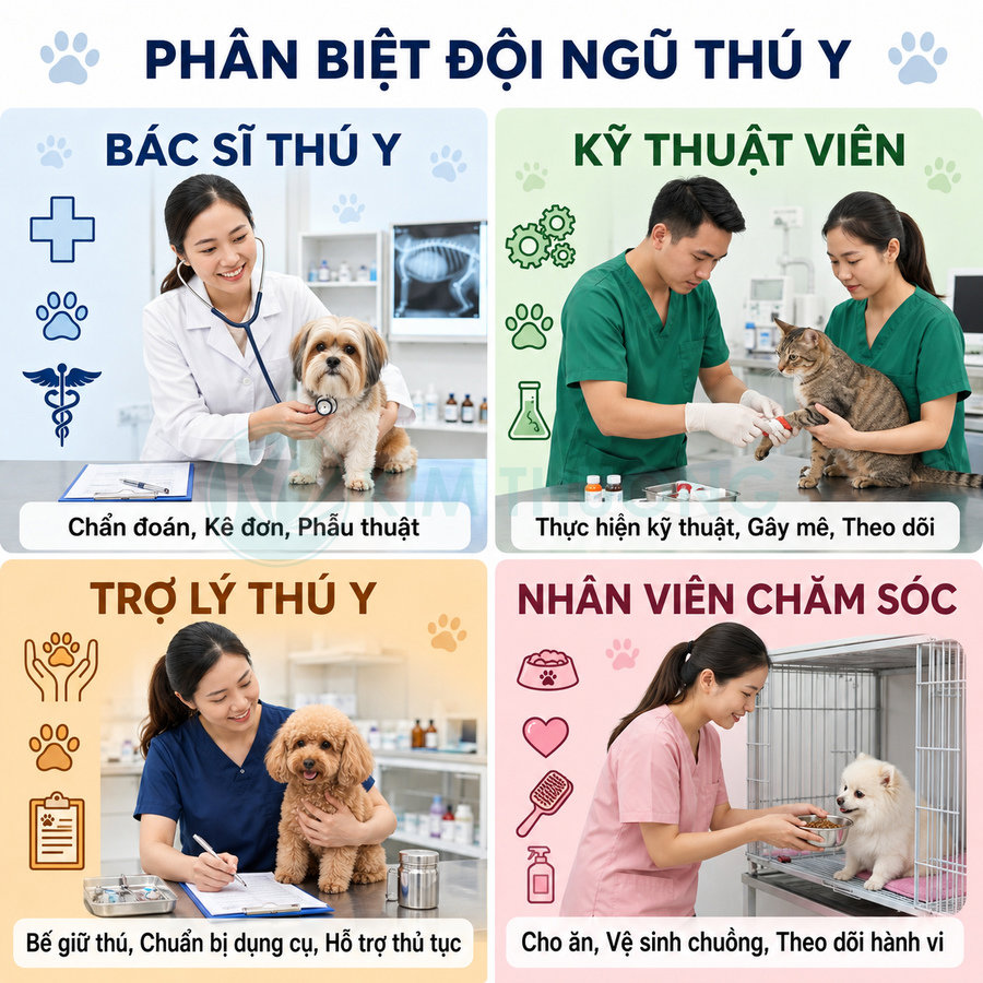 Hình minh họa các vị trí bác sĩ thú y, kỹ thuật viên, trợ lý và nhân viên chăm sóc thú cưng trong phòng khám