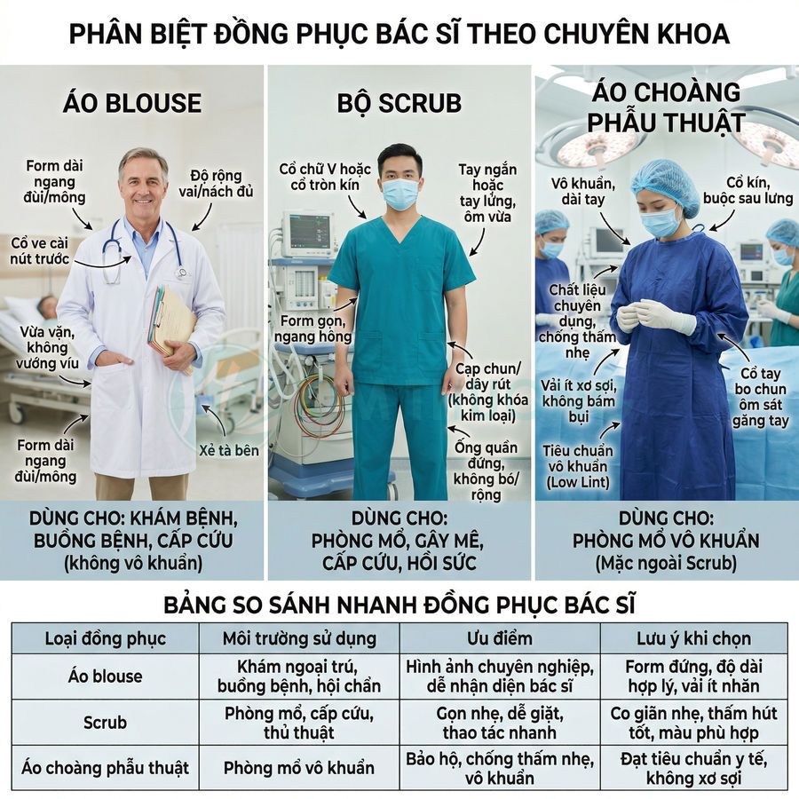 So sánh áo blouse, bộ scrub và áo choàng phẫu thuật trong các môi trường làm việc của bác sĩ