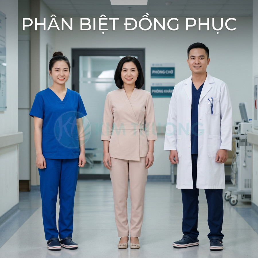 Đồng phục y tá màu xanh, đồng phục lễ tân màu be và áo blouse bác sĩ trắng trong bệnh viện
