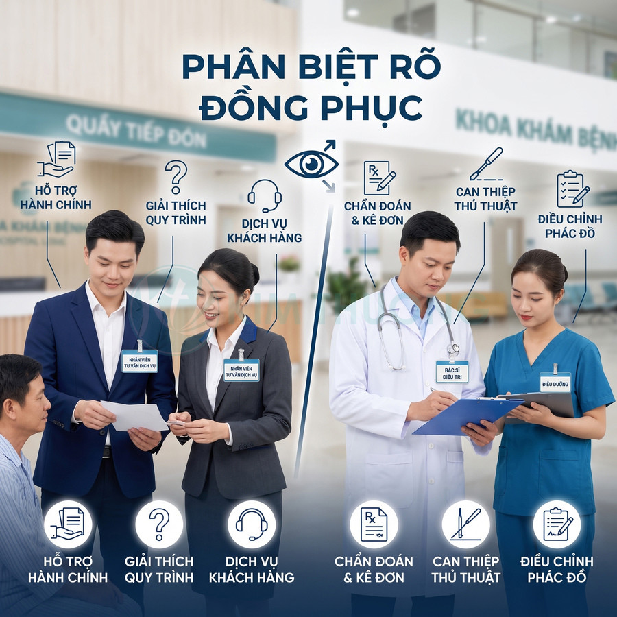 Nhân viên tư vấn dịch vụ và bác sĩ điều dưỡng mặc đồng phục khác nhau trong sảnh bệnh viện