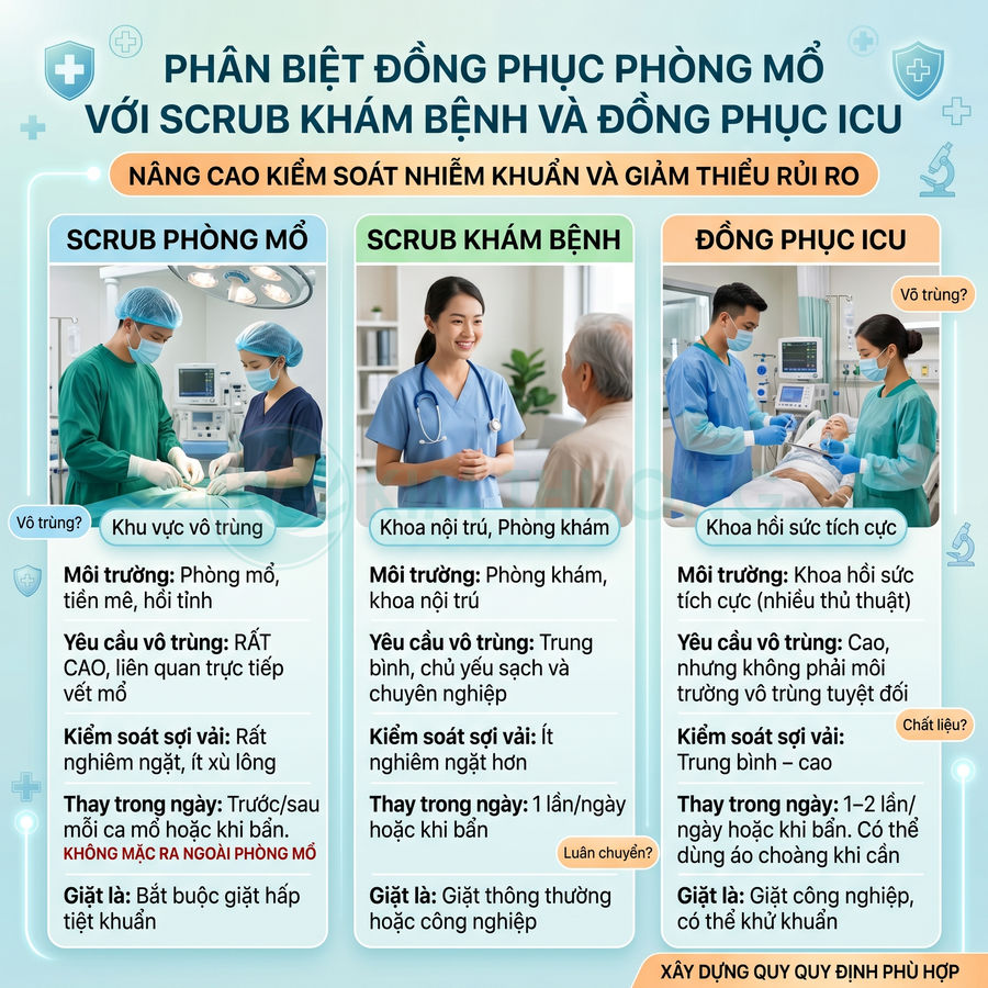 So sánh đồng phục phẫu thuật, scrub khám bệnh và đồng phục ICU trong bệnh viện