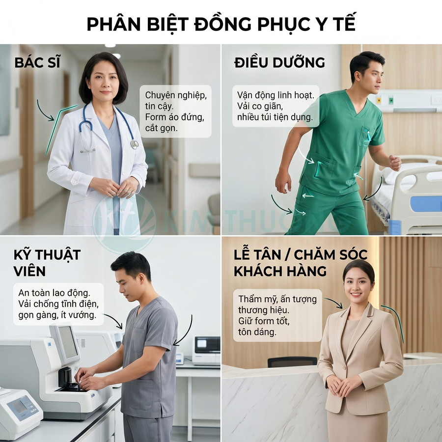 Các mẫu đồng phục y tế cho bác sĩ, điều dưỡng, kỹ thuật viên và lễ tân trong bệnh viện
