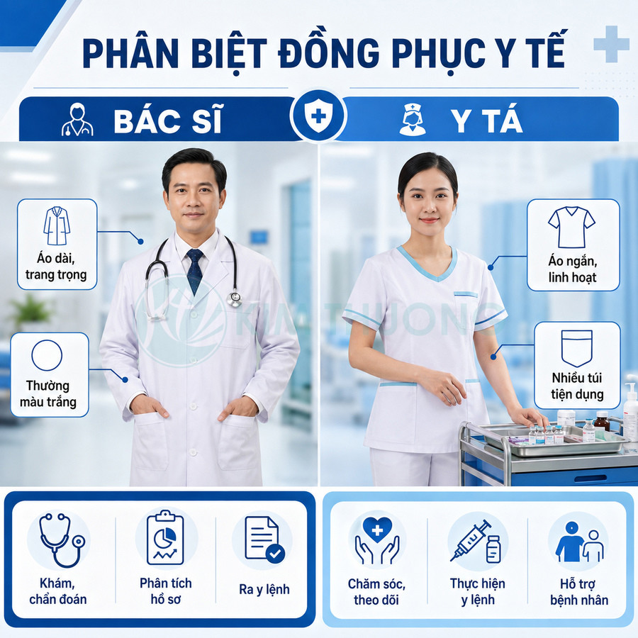 So sánh đồng phục bác sĩ áo blouse trắng dài và y tá áo quần trắng xanh ngắn trong bệnh viện