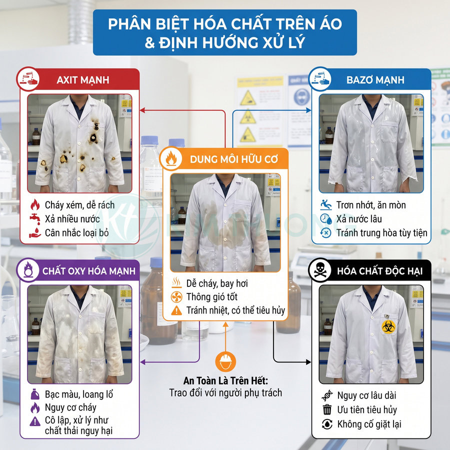 Áo blouse phòng thí nghiệm dính hóa chất, cảnh báo dấu hiệu cháy xém, ăn mòn và cách xử lý an toàn